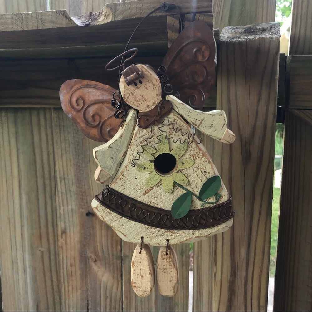 Handcrafted Wood & Metal Angel Birdhouse with Dangling Feet